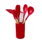 Jogo de Utensílios Cozinha Vermelho Silicone com cabo de madeira Inga 7 Peças